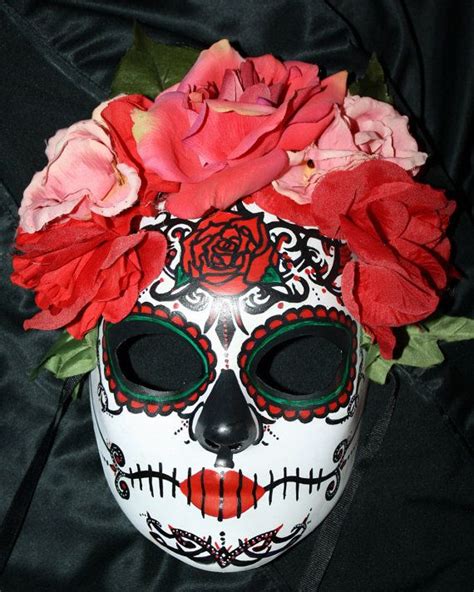 Red Roses Traditional Sugar Skull Mask For Day Of The Dead Dia De