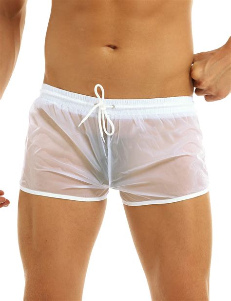 Acsuss Mens Mesh Sheer See Through Boxers Shorts Drawstring Swim Trunks Underwear White Medium
