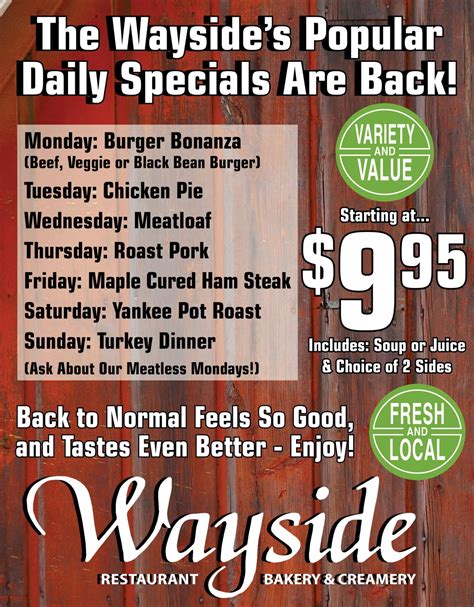 Wayside Restaurant Daily Specials Menu Montpelier Vt