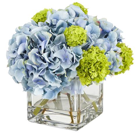 10 Hydrangea Artificial Arrangement In Glass Vase Nearly Natural