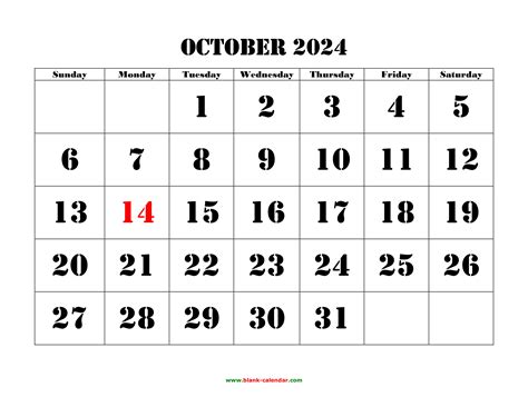 Free Download Printable October 2024 Calendar Large Font Design