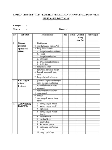 Lembar Checklist Audit Fasilitas Ppi Rsu Yarsi