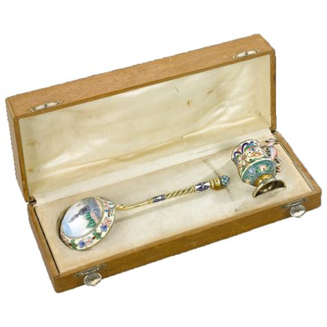 Russian Silver Gilt And Enamel Serving Spoon And Cup Presentation Set