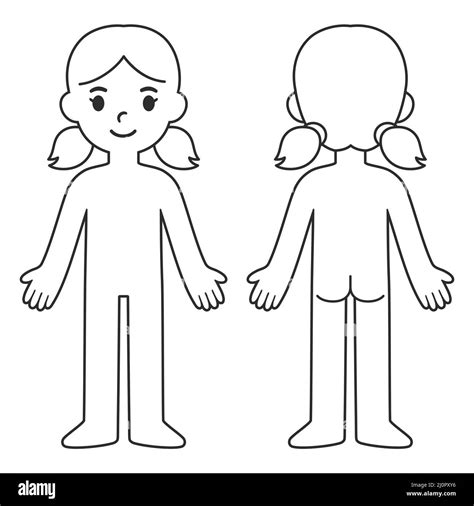 Cartoon Child Body Chart Front And Back View Blank Girl Body Outline