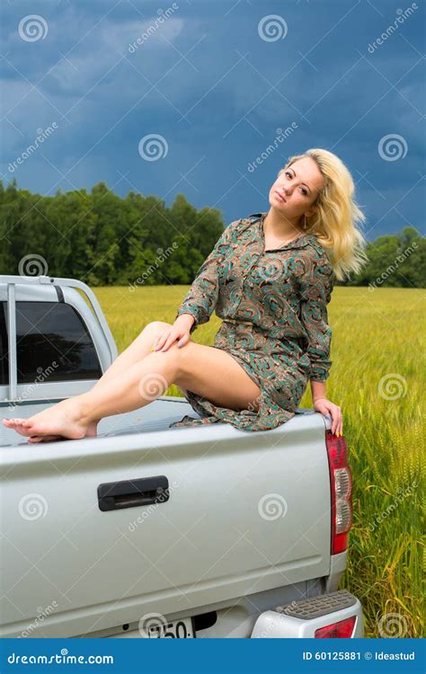 Attractive Young Blonde Woman Sitting On Car Stock Image Image Of Outside Pickup 60125881
