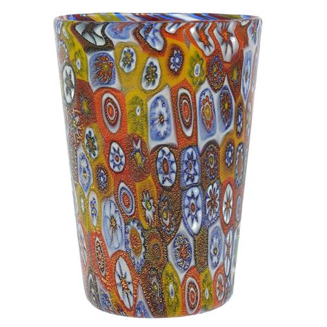 Glassofvenice Murano Glass Tumbler Golden Quilt Millefiori