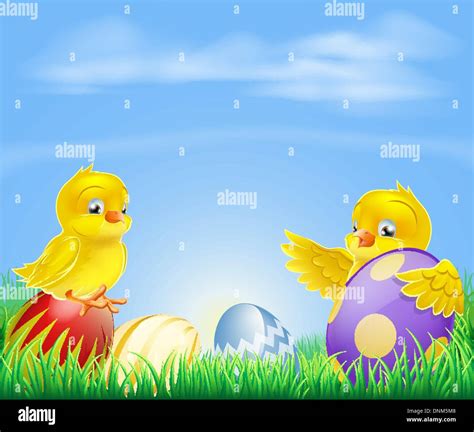 Cute Cartoon Happy Little Yellow Easter Baby Chickens With Colorful
