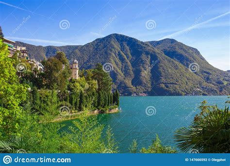 Panorama View Of The Lake Lugano Mountains And City