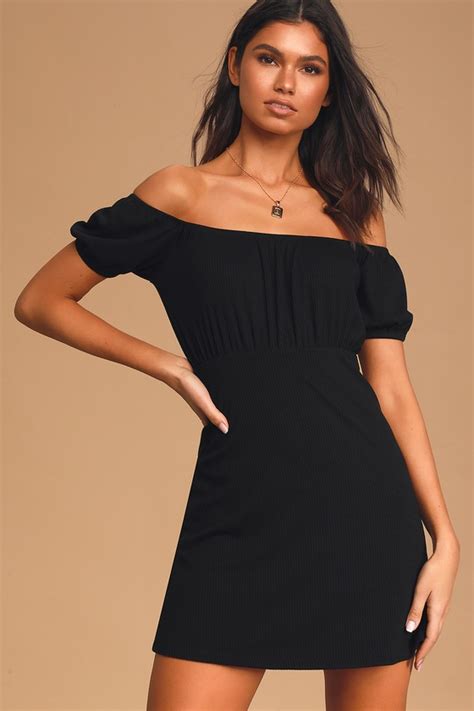 Cute Black Dress Ribbed Mini Dress Off The Shoulder Dress Lulus