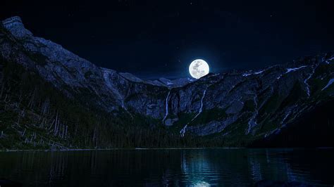 Lago Noche Luna Montañas Hd Gratis Luna Llena Lagos Lago Luna