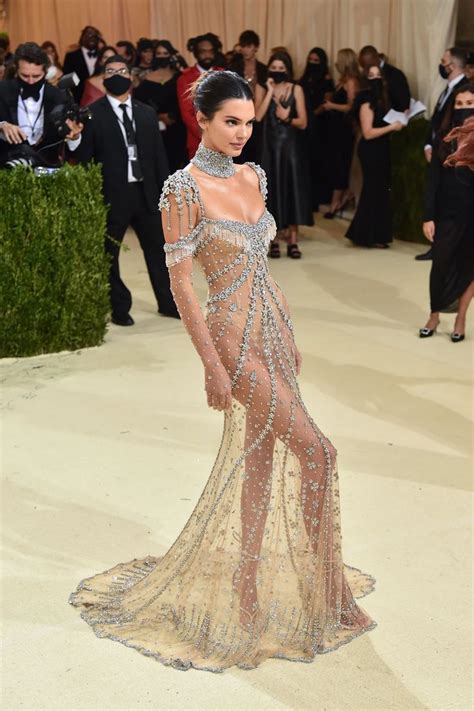Met Gala 2021 Kendall Jenner Red Carpet Fashion Dress Beaded Maxi