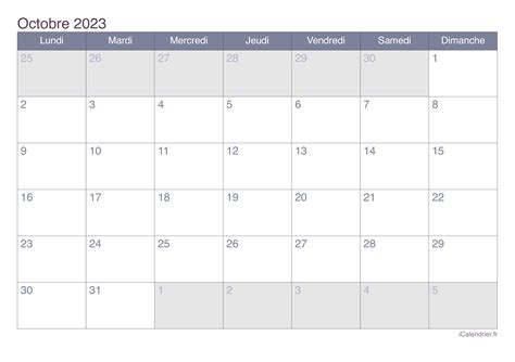 Calendrier Octobre 2023 à Imprimer Icalendrier