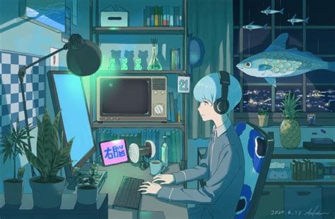 Wallpaper Anime Boy Aqua Hair Profile View Headphones