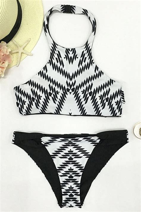Cupshe Fashion Women S Blackandwhite Diamond Printing Halter Padding Bikini Set At Amazon Women’s