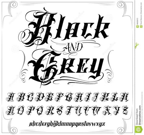 Fortunately, we have many unique tattoo font styles for men and women, such as calligraphy, cursive, and traditional styles. Black And Grey Tattoo Font Set Stock Vector - Illustration ...