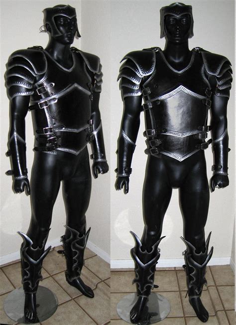 Two Pictures Of A Man In Black Leather Armor With Spikes On His Chest