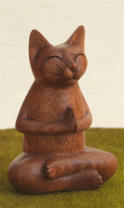 Hand Carved Wooden Buddha Cat Statue Cat Statue Meditating Cat Cat