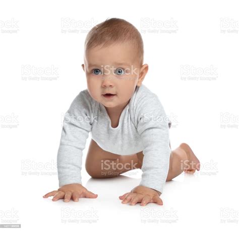 Cute Little Baby Crawling On White Background Stock Photo Download