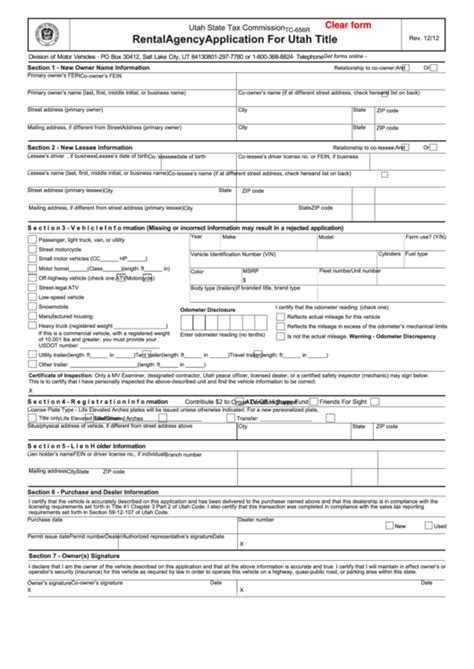 Fillable Form Tc 656 Vehicle Application For Utah Title Utah State