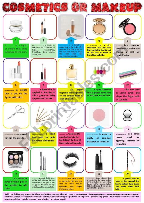 Cosmetics Or Makeup Pictionary And Definitions Key Esl Worksheet By