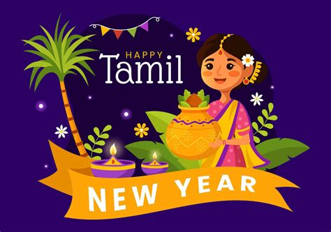 Happy Tamil New Year Vector Illustration With Vishu Flowers Coconut