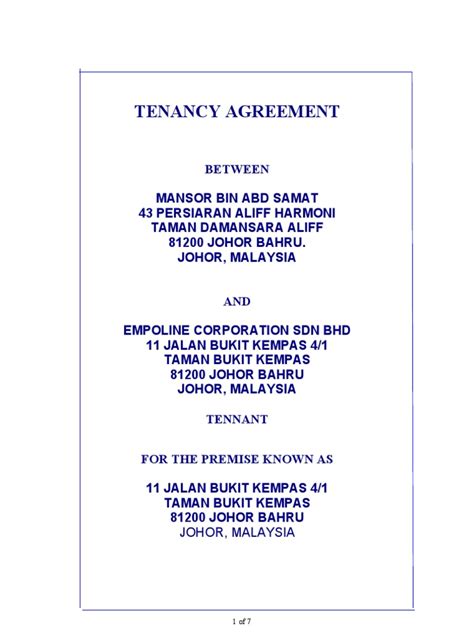 The stamp duty for a tenancy agreement in malaysia is calculated as the following Format Tenancy Agreement | Leasehold Estate | Landlord