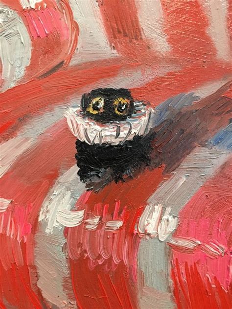 A Painting Of A Black And White Cat Sitting On Top Of A Red Striped Object