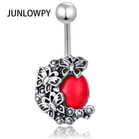 Junlowpy Fashion Sexy Red Stone Dangle Belly Button Rings Ombligo Navel Piercing Crystal Belly