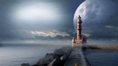 Download Wallpaper 1920x1080 Lighthouse Moon Pier Sea