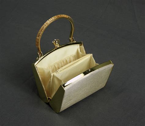 Vintage Evening Bag Beige And Gold Clutch Art Nouveau Hinged Hard