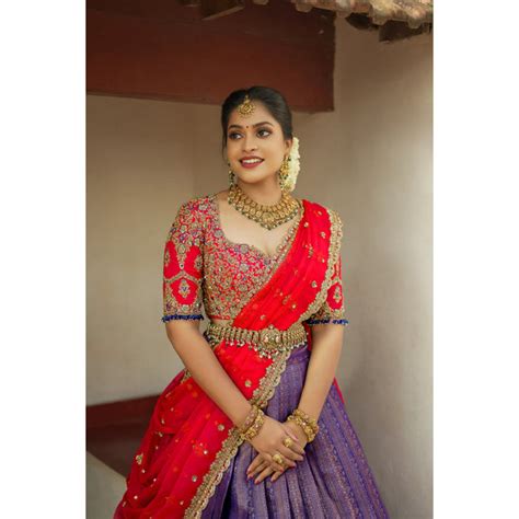 Blue And Red Traditional Half Saree Anju Shankar Label