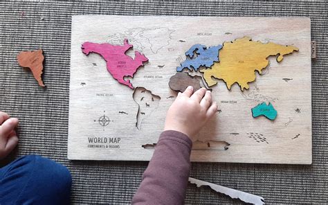 Montessori Puzzle World Map Wooden Continents And Oceans Etsy