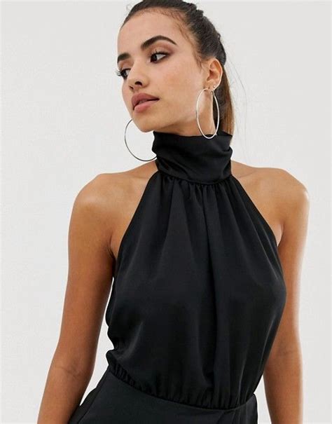 Missguided Satin Ruched Detail Halter Mini Dress In Black Asos