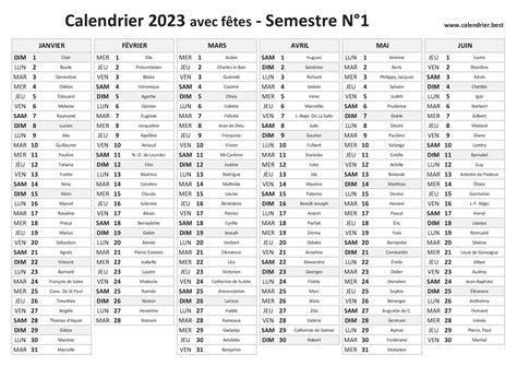 Calendrier Semestriel 2023 à Imprimer Pour Le 1er Et Le 2ème Semestre 2023