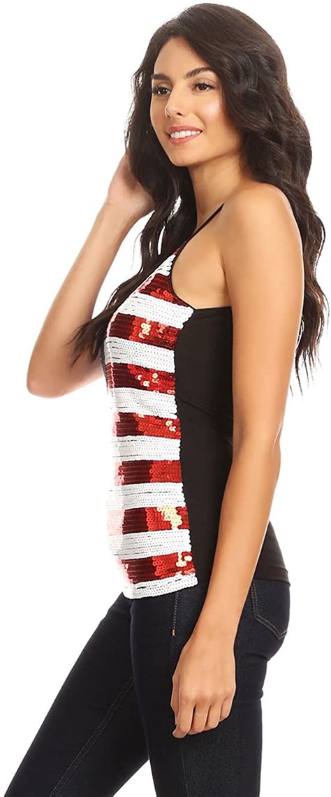 Anna Kaci Womens Patriotic American Usa Flag Sequin Cami Shirt Blouse