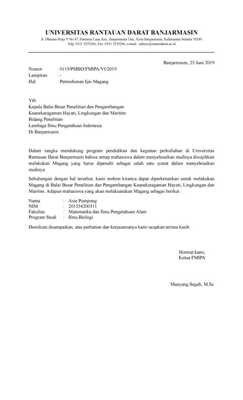 Contoh Surat Permohonan Magang Di Instansi Pemerintah Universitas