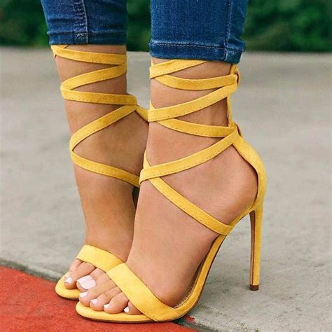 cute yellow open toe lace up stiletto heel sandals material suede high heel boots high heel