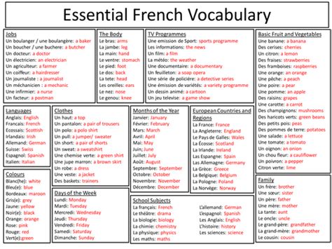 Essential French Vocabulary Teaching Resources