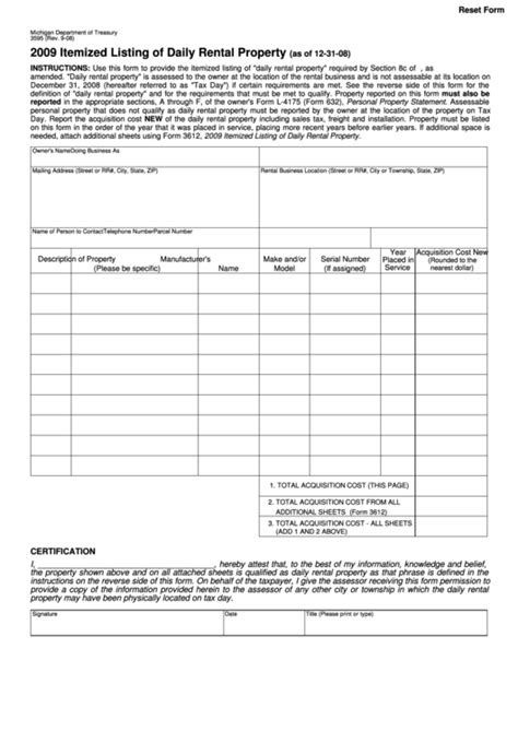 Fillable Form 3595 Itemized Listing Of Daily Rental Property 2009