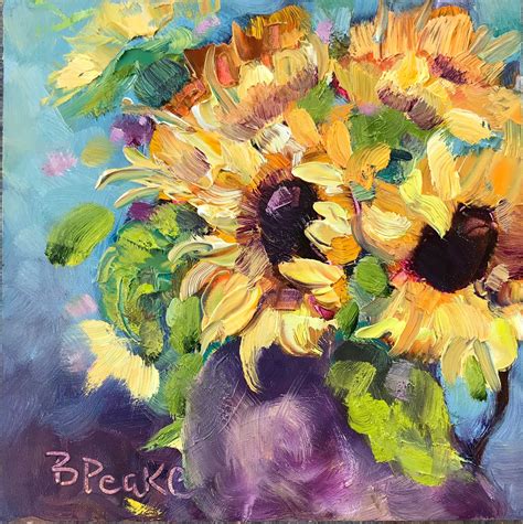Original Oil Painting Sunflowers In A Purple Vase Impressionist Style