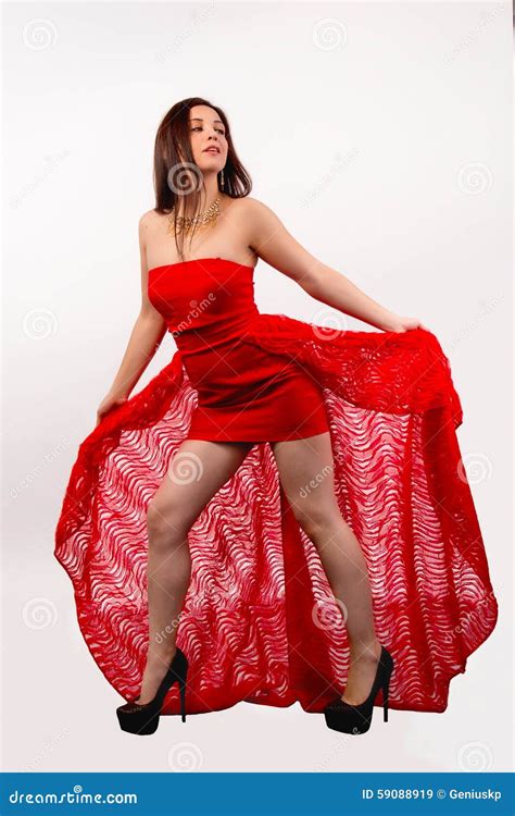 Beautiful Brunette Woman In A Red Dress Stock Image Image Of Cheerful
