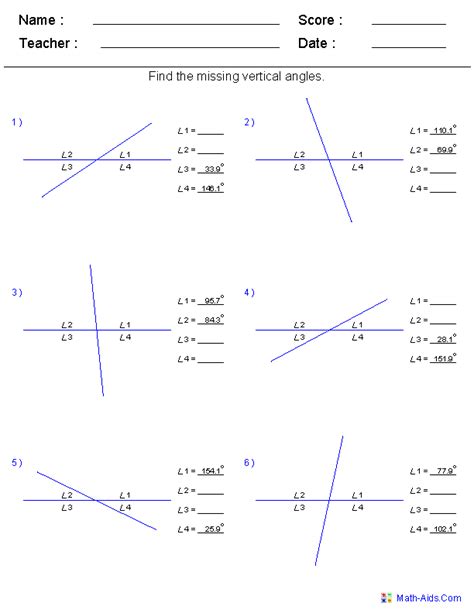 Vertical Angles Worksheets With Answers