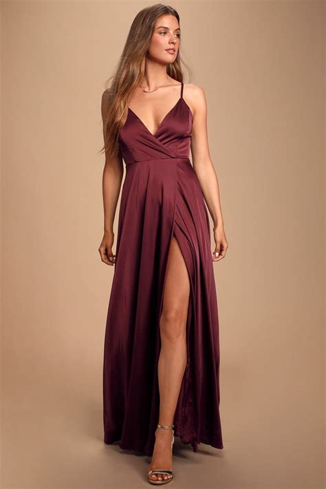 Gorgeous Burgundy Dress Surplice Gown Satin Maxi Dress Lulus