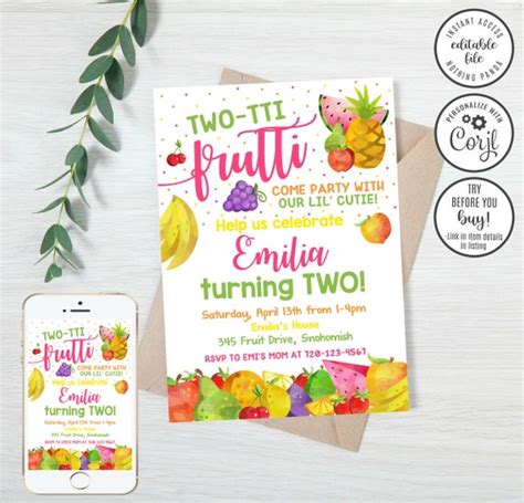 Editable Twotti Frutti Invitation Two Tti Frutti Invitation Etsy