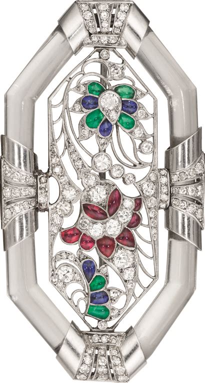 An Art Deco Diamond Crystal Platinum And Multi Gem Brooch Attributed