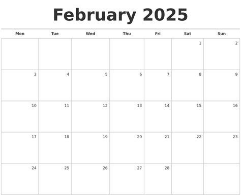 February 2025 Blank Monthly Calendar
