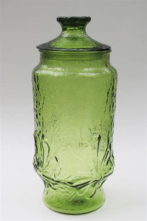 mod vintage anchor hocking rainflower canister jar w lid 70s avocado green glass