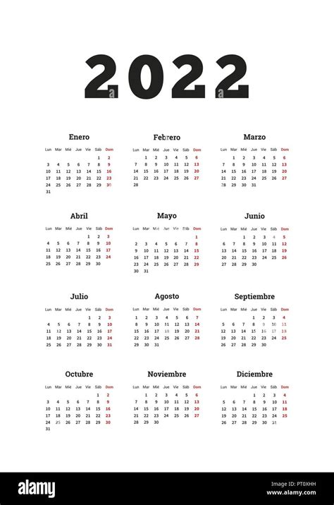 2022 Año Calendario Simple En Español Hoja Vertical De Tamaño A4 En