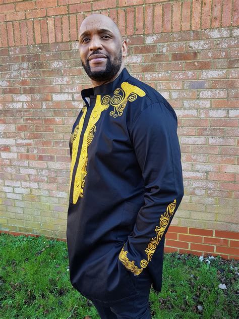 Mens Black And Gold Polished Cotton Embroidered Shirt African Clothing