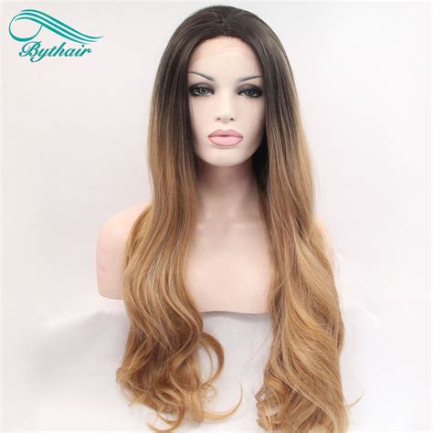 Bythairshop Ombre Blonde Wigs Brown Roots Long Wavy Wigs Synthetic Lace